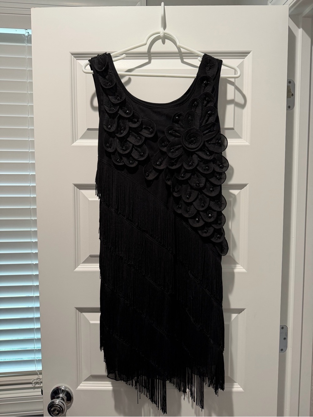 Black Flapper Fringe Dress Medium 1920s Gatsby Rosette Cocktail Dress